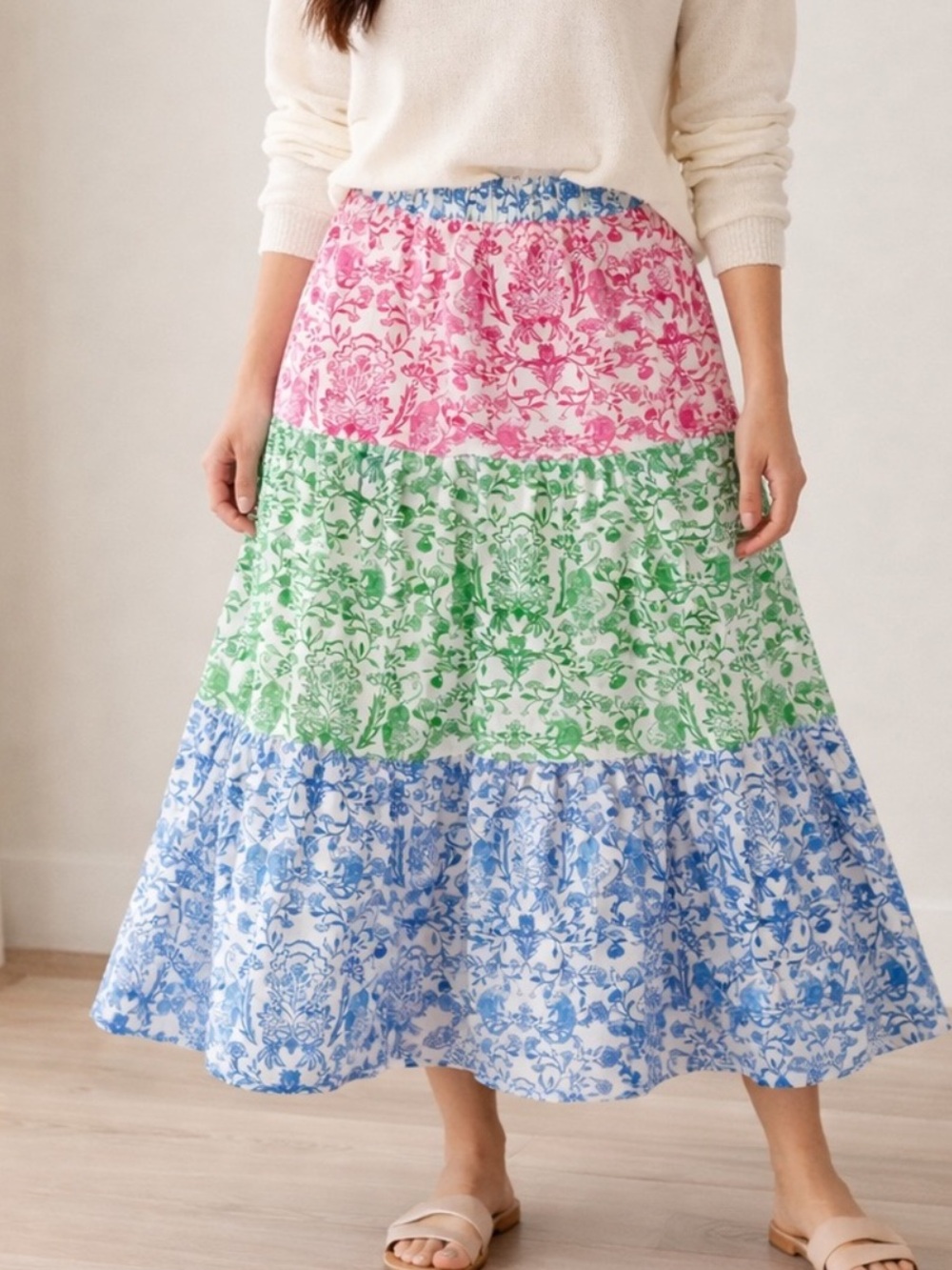Roller Rabbit Aitrona Carlisa Floral Tiered Maxi Skirt Pink Blue Green Large